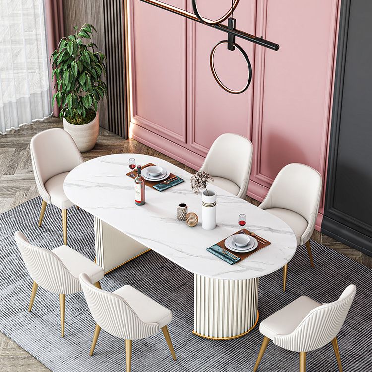 Contemporary Oval Dining Table Sintered Stone Dining Table with Double Pedestal for Dining Room