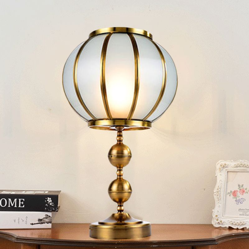 Lantern Bedroom Night Table Lamp Colonial Style Opal Glass 1-Light Gold Finish Nightstand Light with Metal Ball Deco