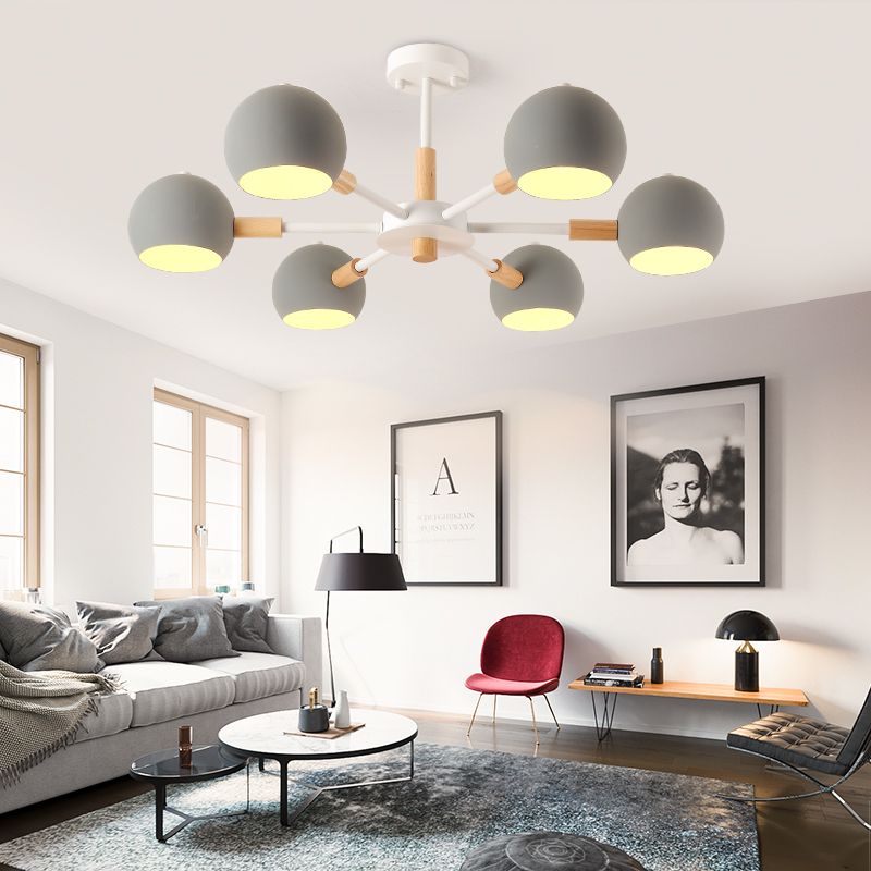 Grey/White Ball Pendant Chandelier Modernism Metal 3/6/8 Heads Hanging Ceiling Light for Living Room