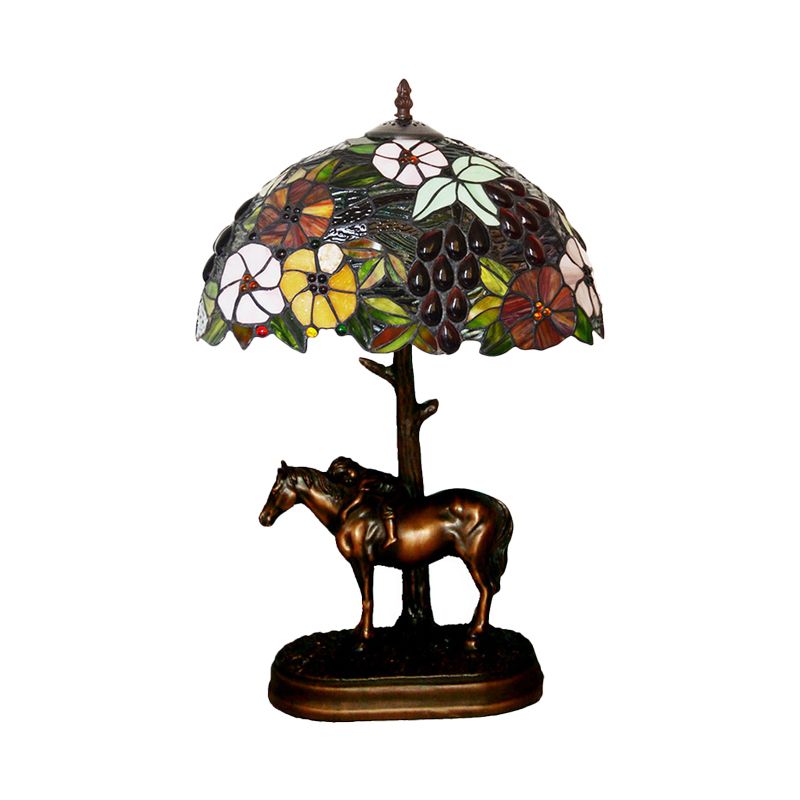 Painted Morning Glory Table Light Single Stained Art Glass Tiffany Nightstand Lamp with Horse Decor in Coffee