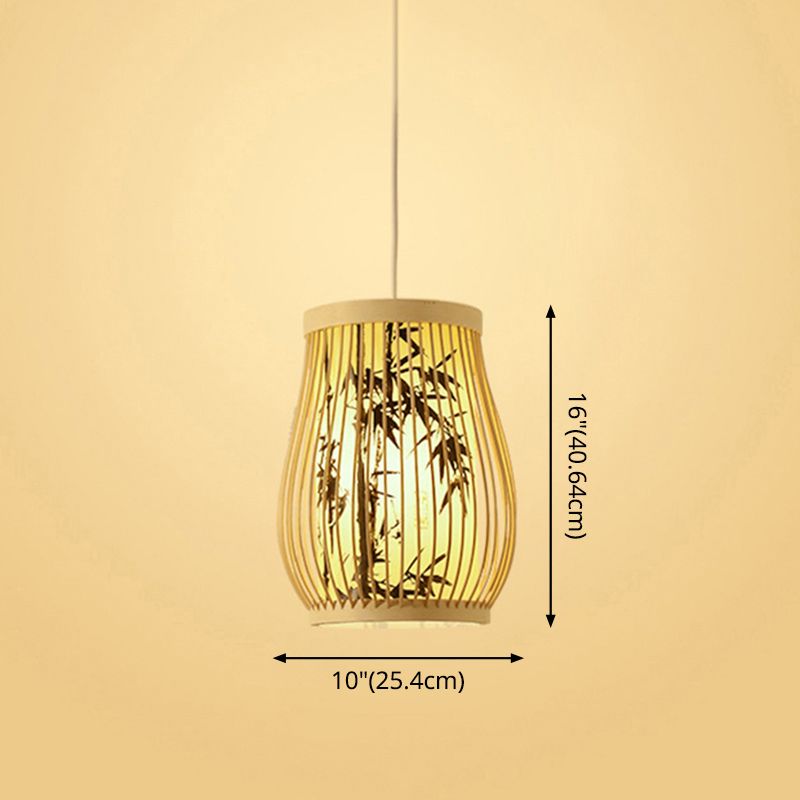 Chinoiserie Woven Hanging Light Fixture Bamboo Single Tea Room Ceiling Light with Print Lampshade