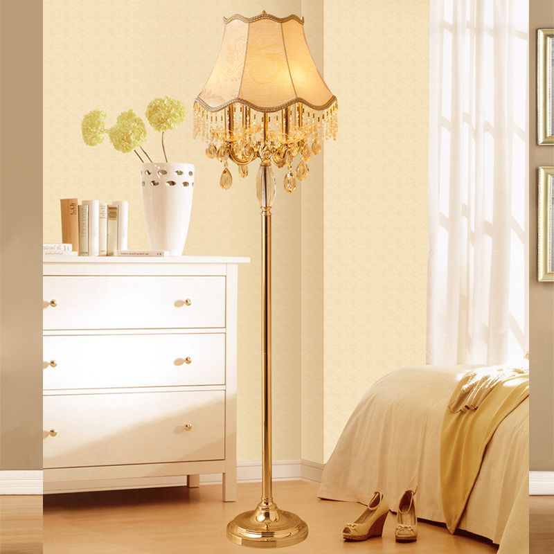 Gold Candlestick Floor Light Traditional Crystal Droplets 4 Bulbs Living Room Standing Floor Lamp with Scalloped Trim Shade