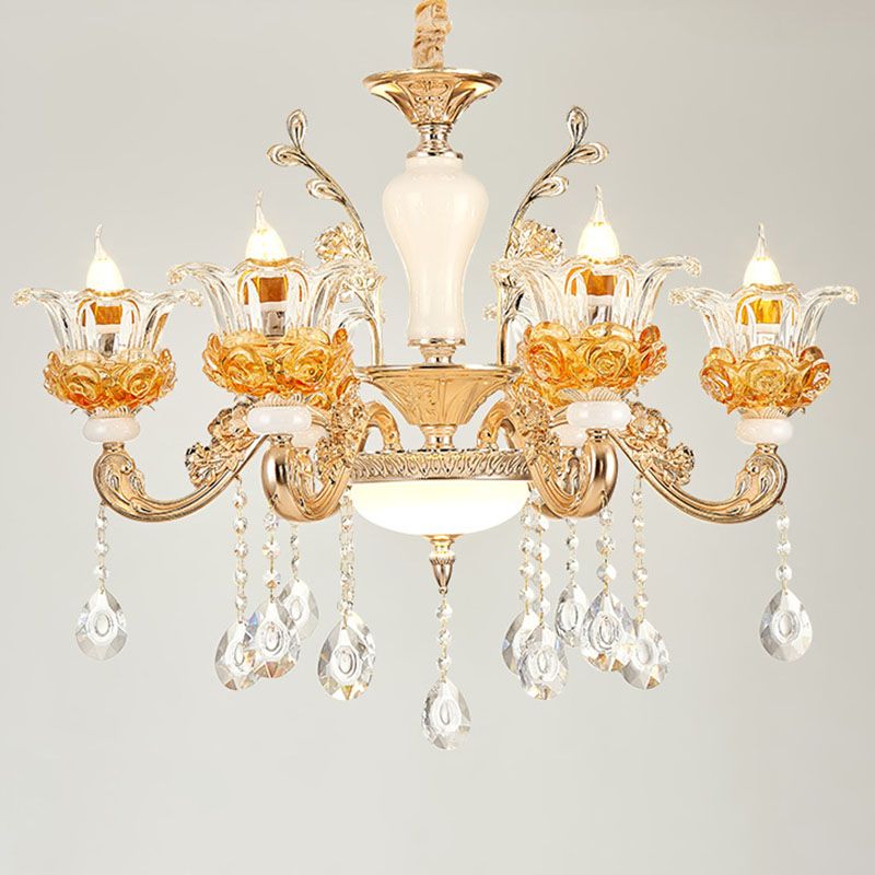 Living Room Chandelier Lamp Simple Gold Suspension Light Fixture with Floral Clear Glass Shade