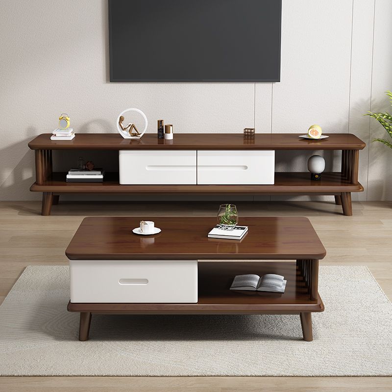 Contemporary Rubber Wood TV Console 2 Drawers Media Console with Splayed Wooden Legs