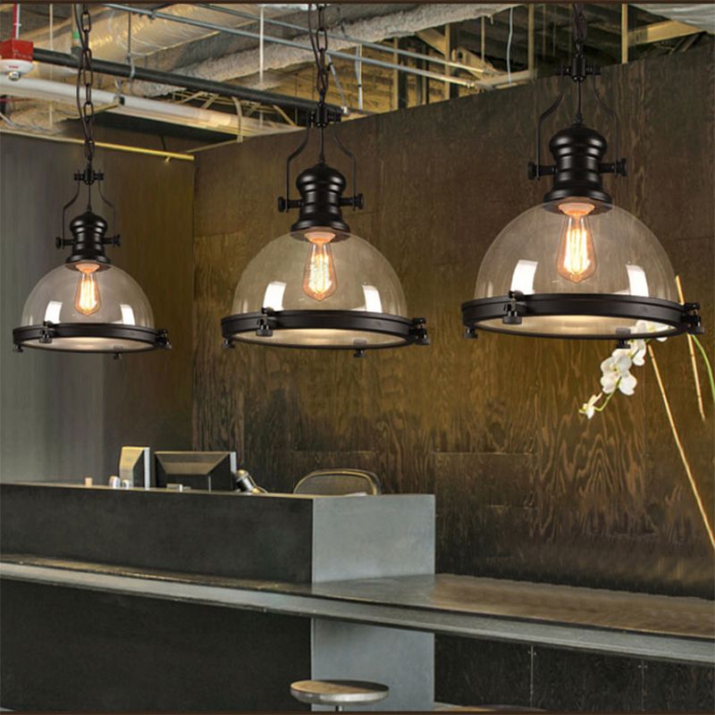 1-Light Dome Shade Pendant Lighting Fixture Industrial Black Clear Glass Hanging Ceiling Light with Trim Ring