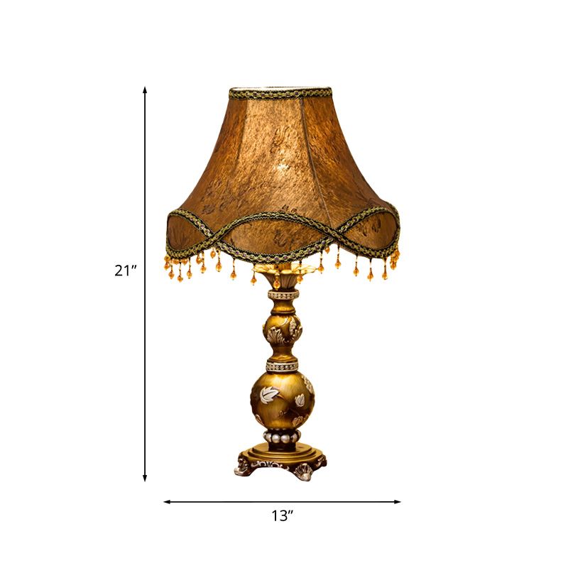 1-Light Scalloped Bell Table Lamp Traditional Brown Fabric Nightstand Light, 13"/16" Width