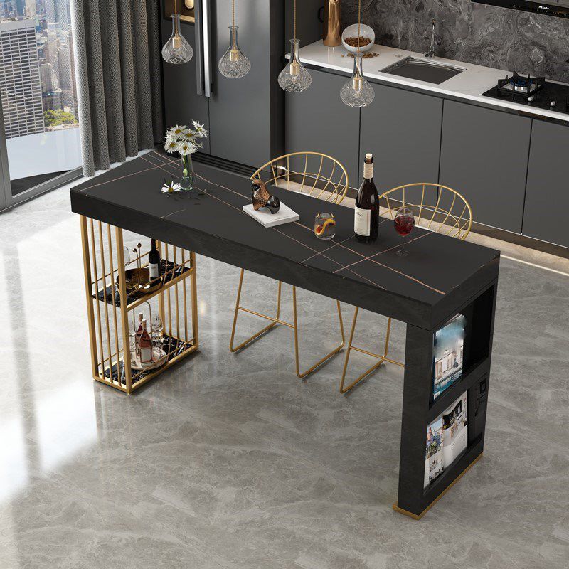 Stone Bar Dining Table Glam Rectangle Bar Table with Storage Racks for Kitchen