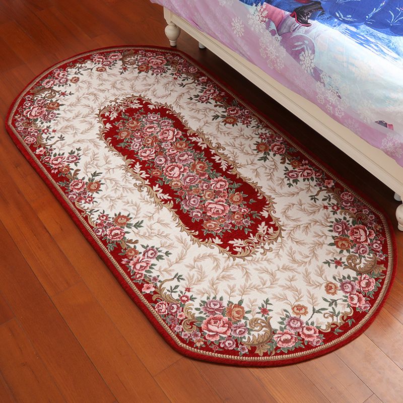 Retro Flower Pattern Rug Red and Black Polyester Indoor Rug Washable Non-Slip Backing Indoor Rug for Bedroom