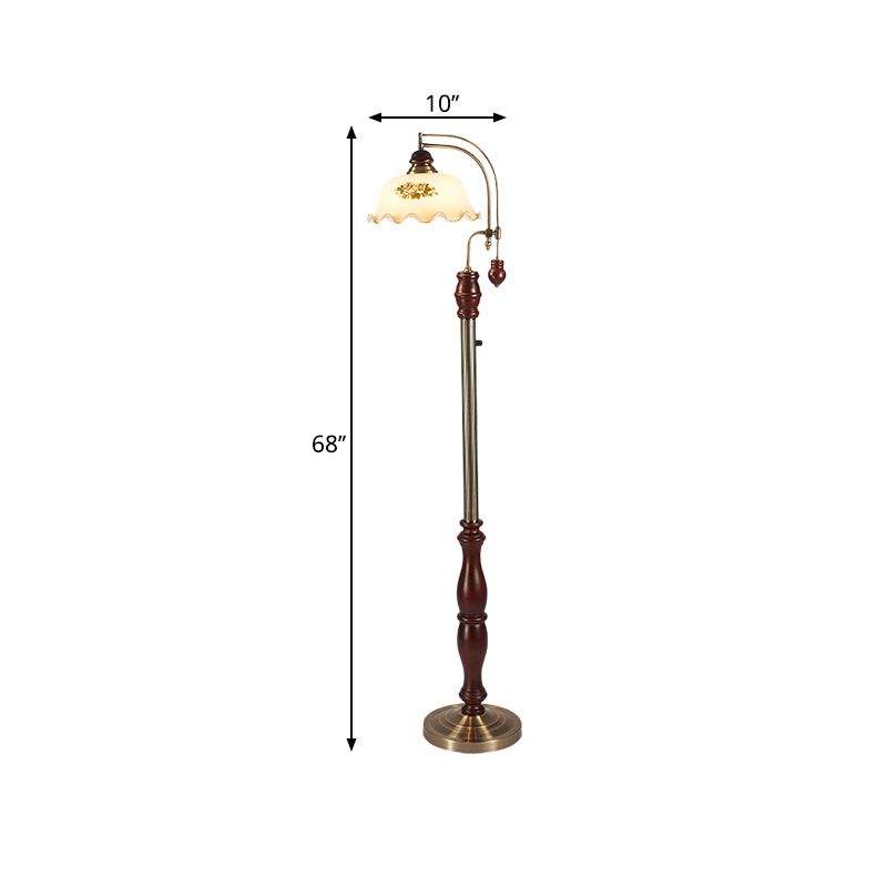 Cream Glass Floral Shade Stand Up Lamp Traditional Style 1 Bulb Guest Room Floor Light with Wood Base in Brown