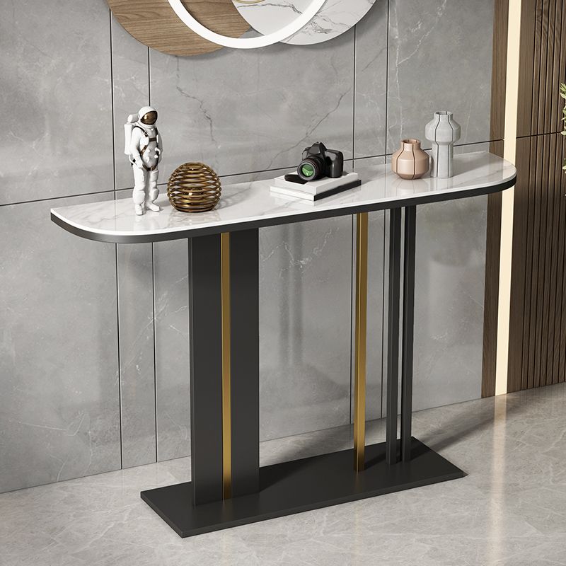 Modern Half Moon Console Table with Stone Top and Iron Pedestal Base