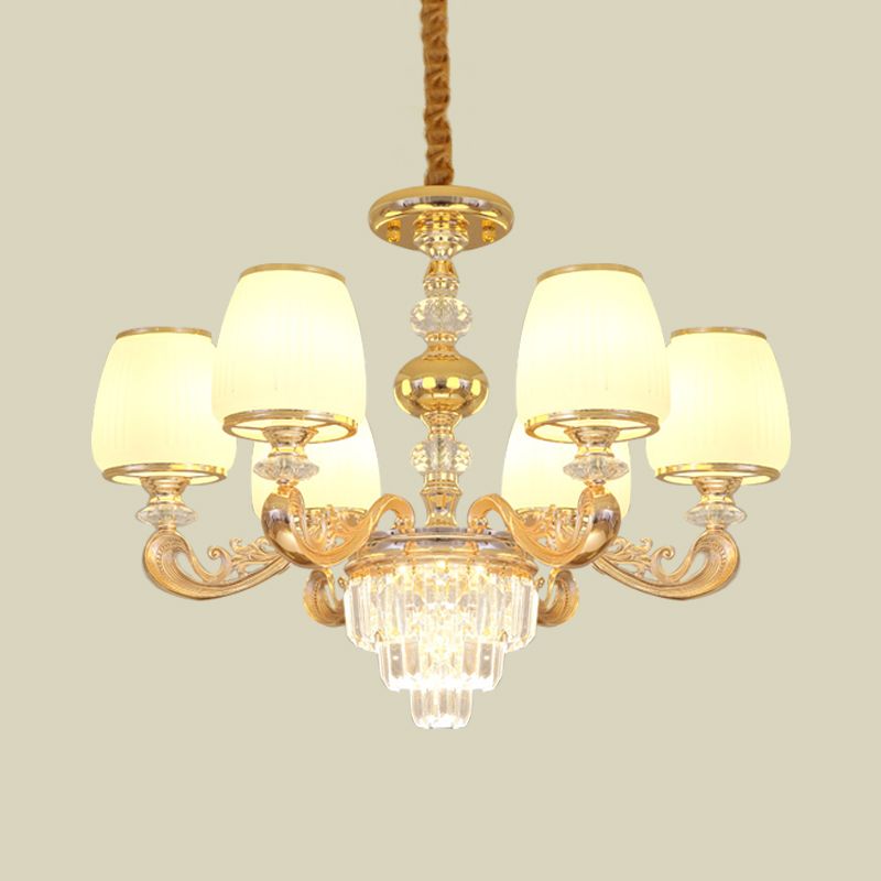 Carved Arm Bedroom Chandelier Modernism Milk Glass 6 Bulbs Gold Crystal Hanging Light