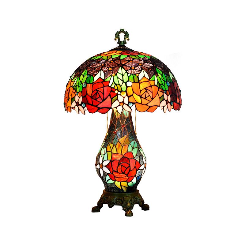 Green 3 Heads Table Lighting Tiffany Stained Art Glass Rose Pattern Nightstand Lamp with Mushroom Shade