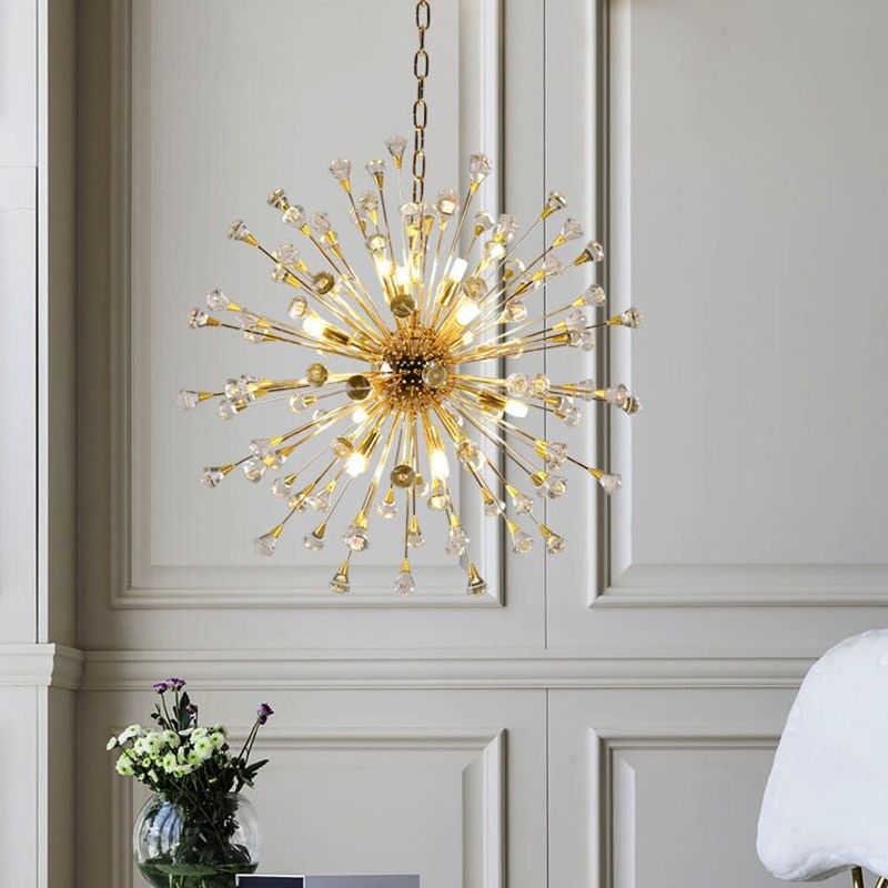 Urchin Chandelier Postmodern Metallic LED Golden Hanging Lamp with Crystal Accents