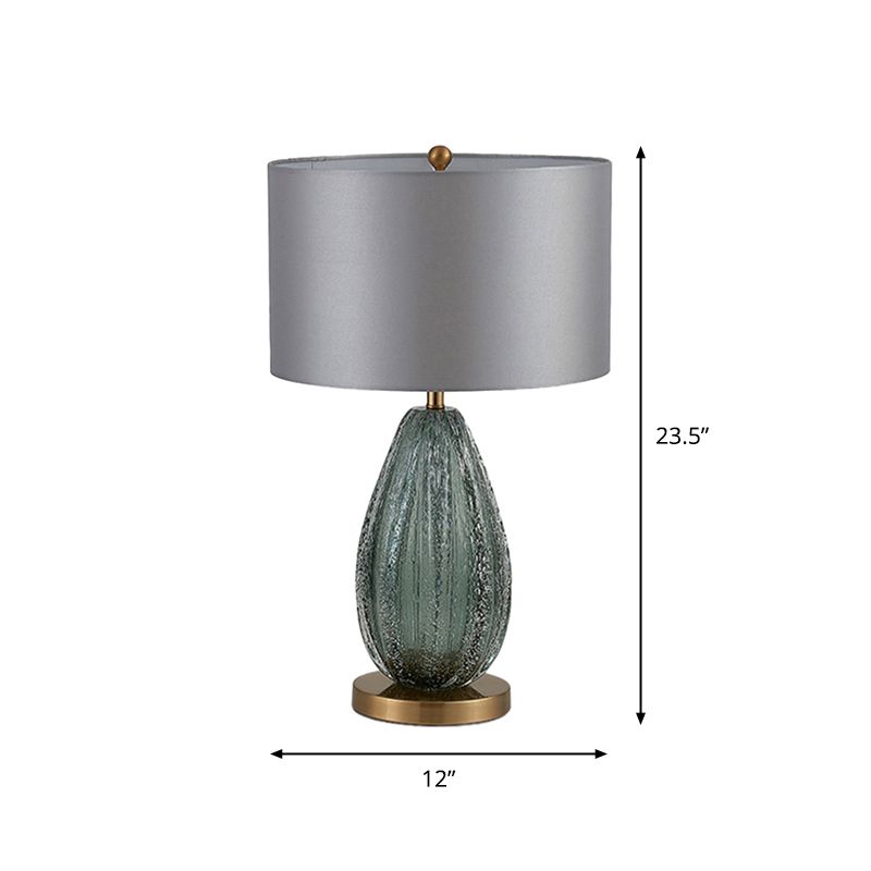 Blue Seeded Glass Ellipse Night Lamp Modern 1 Head Grey Table Light with Drum Fabric Shade, 12"/15" W