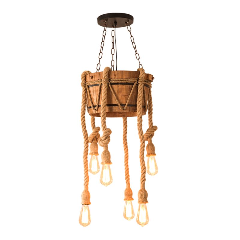 Bucket Restaurant Drop Pendant Factory Wood Beige Chandelier Light Fixture with Rope Cord