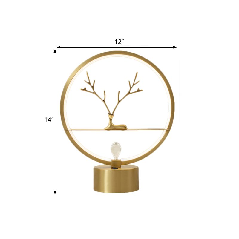 Circular Desk Light Nordic Style Metal LED Gold Night Table Lighting with Deer Design