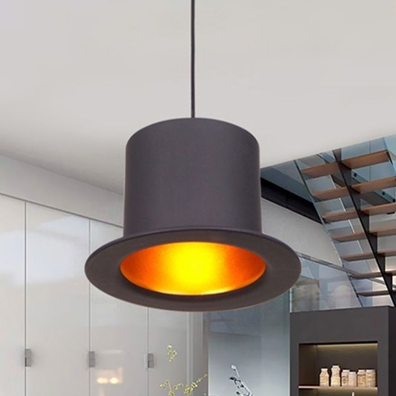 1-Bulb Pendant Lighting Antiqued Dining Room Ceiling Hang Fixture with Hat Shape Metallic Shade in Black