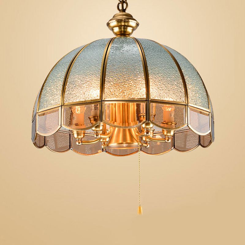 Hemispheer Studiezaal Kroonluchter verlichting Vintage Ripple Glass Gold hanglamp met trekketting met geschulpte rand