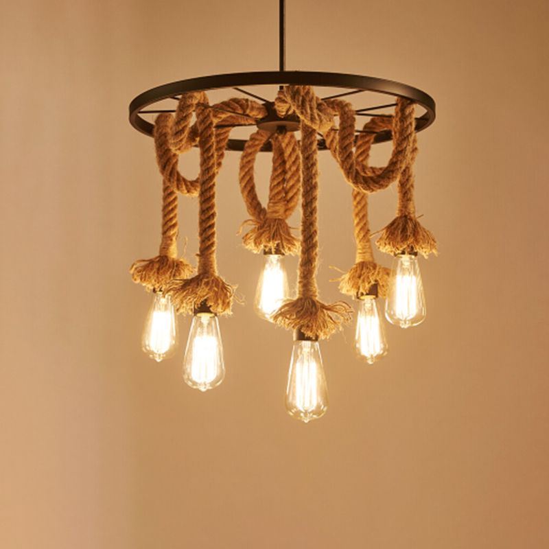 Bare Bulb Chandelier Light Fixture Industrial Rope Pendant Lighting for Restaurant (Without Plants)