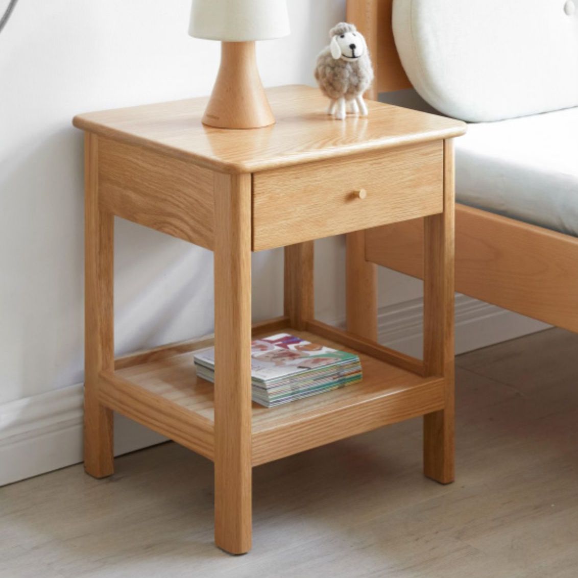 Oak and Beech Nightstand Storage Bedside Table for Nursery with Shelves