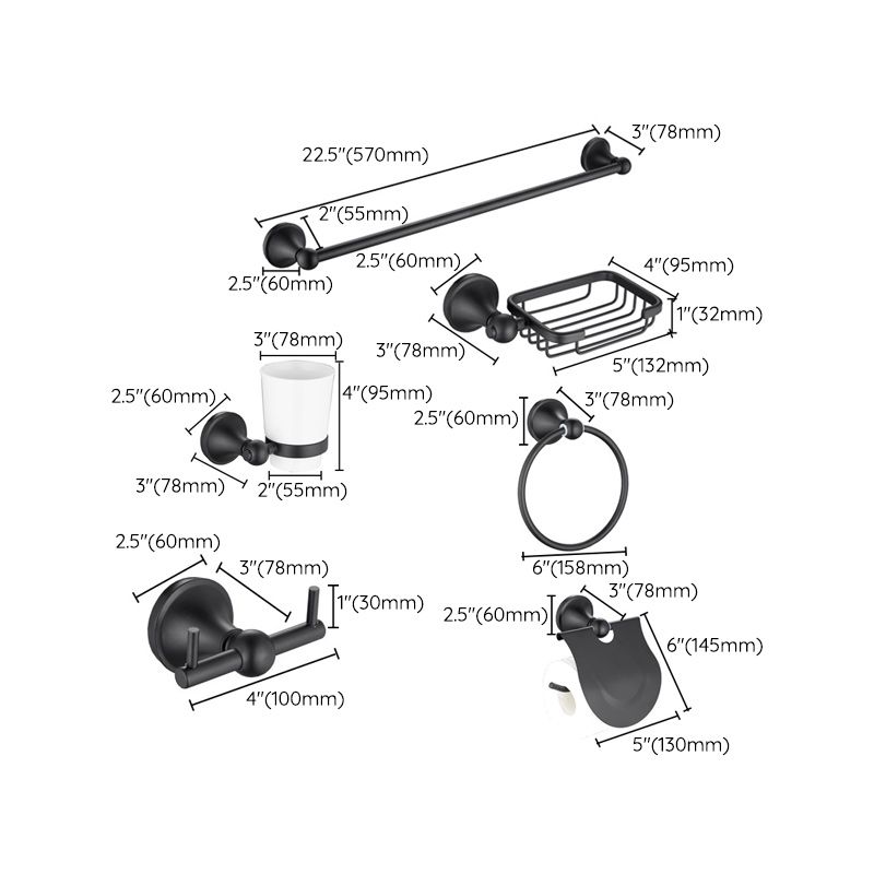 6-Piece Modern Bath Hardware Set in Stainless Steel Matte Black Robe Hooks/Towel Ring Bar