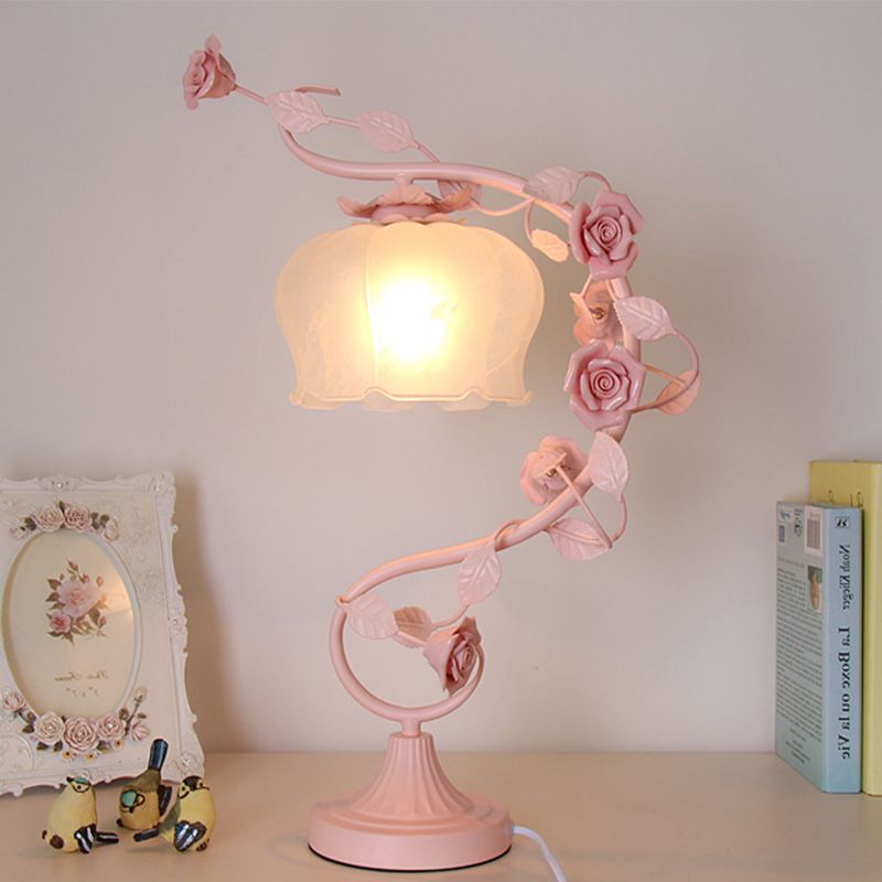 Pastoral Bloom Nightstand Lamp 1 Bulb Frosted White Glass Night Table Light in Pink