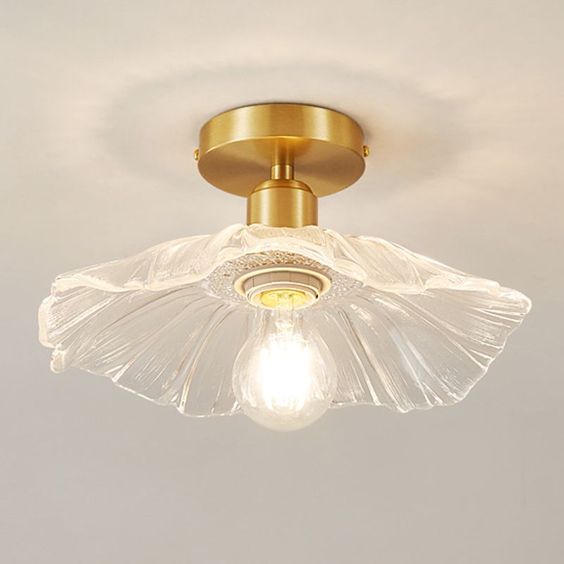 Flower Shape Glass Flush Light Modern Style 1 Light Flush Mount Fixture in Brass