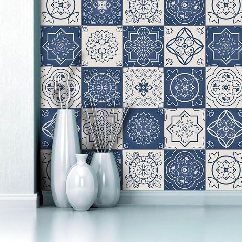 Flower Mandala Tiles Wallpaper Border Bohemian PVC Wall Art in Blue and White, Peel off