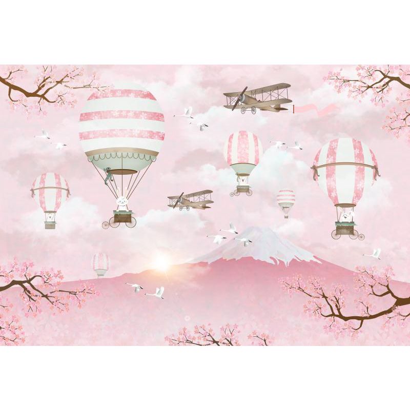Pink Rabbits Balloon Trip Mural Mount Fuji Cherry Blossom Cartoon Washable Wall Decor