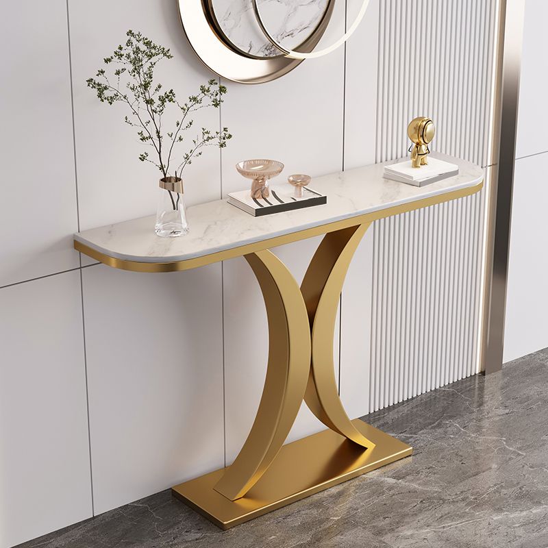 Steel Pedestal Base Console Table with Half Moon Stone Top Accent Table