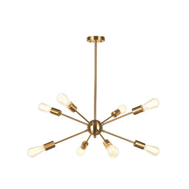 Golden Metal Burst Shaped Chandelier Light Open Bulb Industrial Style Coffee Shop Pendant with 4 x 9.8" Hanging Rods