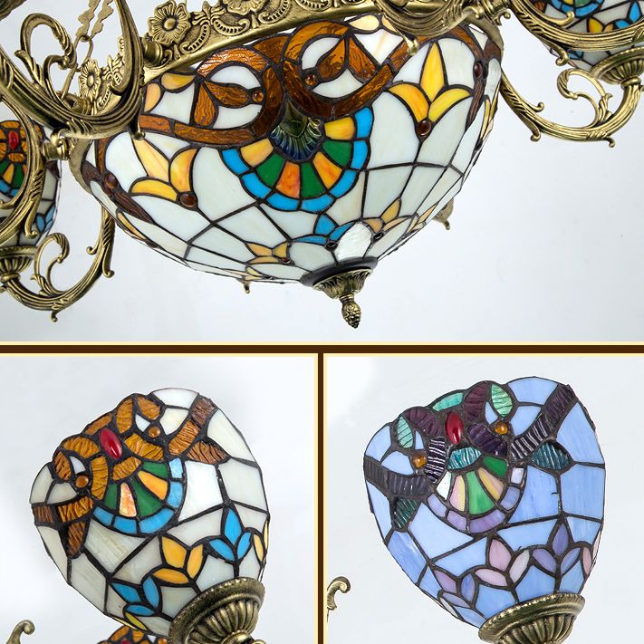 Bowl-Shaped Chandelier Light Fixture Stained Glass Tiffany-Style Pendant Chandelier Beige