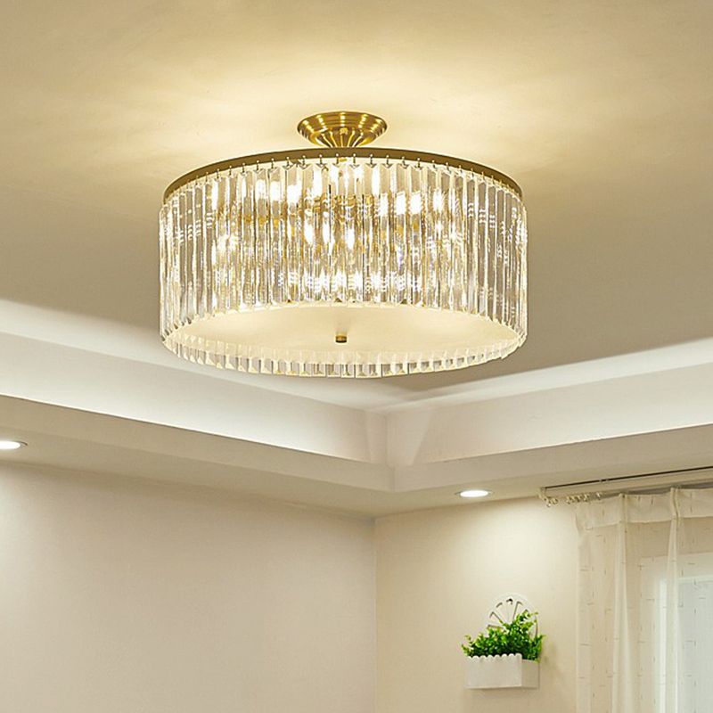 Bedroom Close to Ceiling Light Minimalist Semi Flush Mount with Drum Clear Crystal Shade