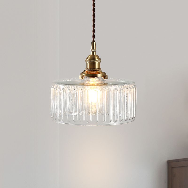 Vintage 1 lichte hanglamp helder geribbelde glazen trommelhangselverlichting voor woonkamer