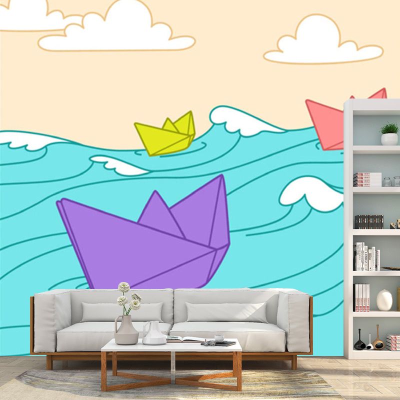 Non-Woven Waterproofing Wall Murals Childrens Art Paper Boat on the Sea Wall Covering