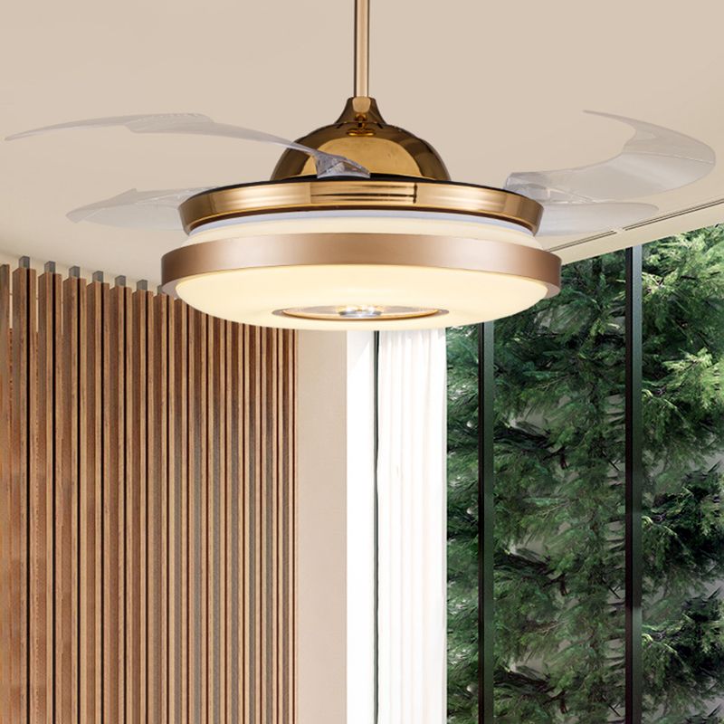 Circle Bedroom Semi Flush Mount Minimalist Metal LED Gold Hanging Fan Lighting with 4 Clear Blades, 36"/42" Width