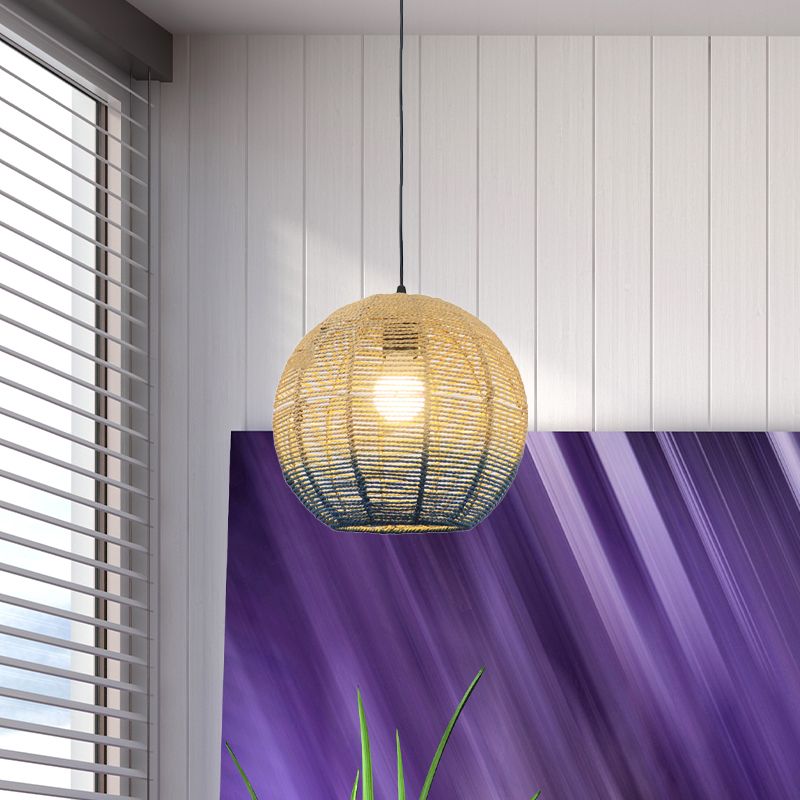 Globe / Elliptical / Barrel / Dome Pendant Lamp Corde paille chinoise 1 ampoule rouge / bleu Lumière suspendue pour le restaurant de la chambre à coucher