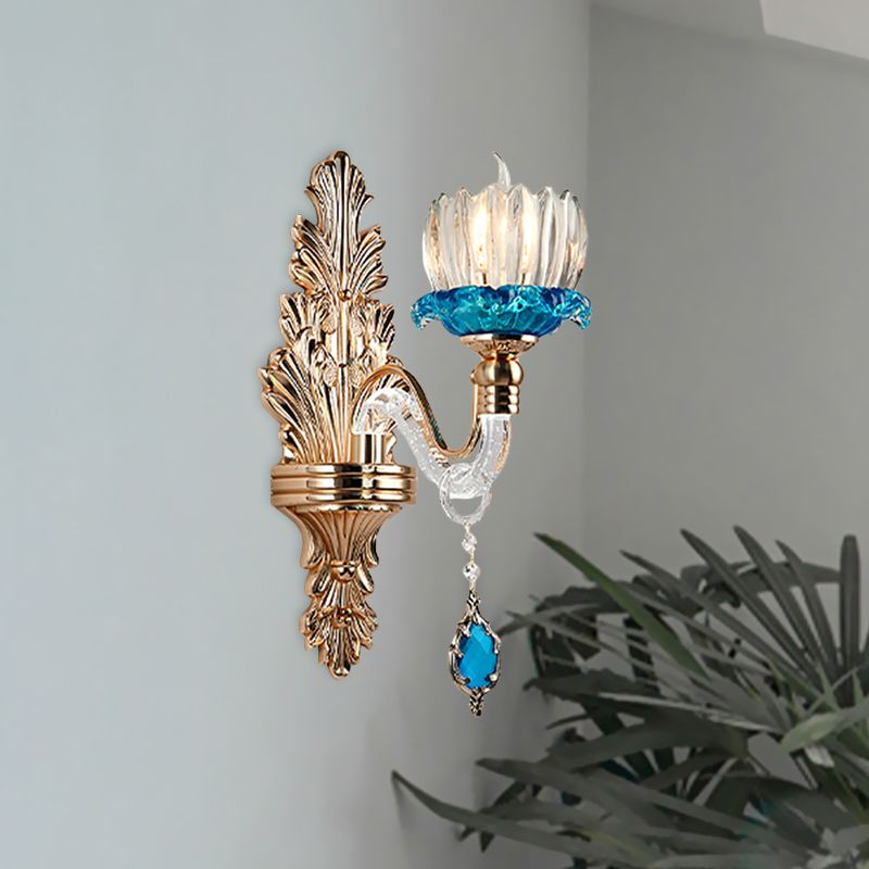 Crystal Flowerbud Wall Light Fixture Antique 1-Light Living Room Wall Mount Lighting in Blue