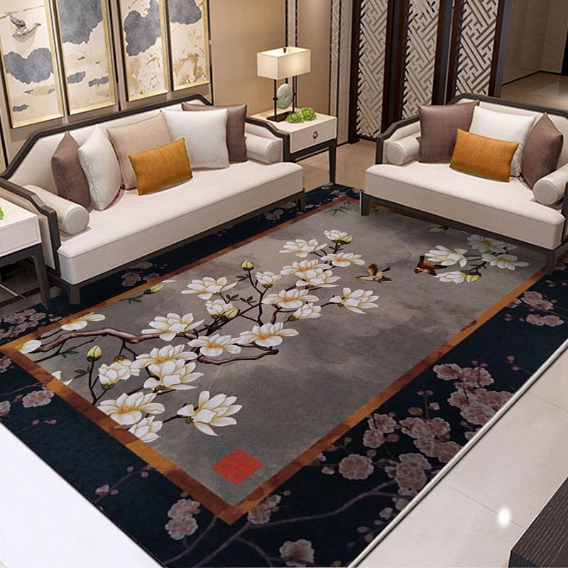 Solid Color Antique Indoor Rug Polyester Plants Print Rug Non-Slip Backing Indoor Rug for Living Room