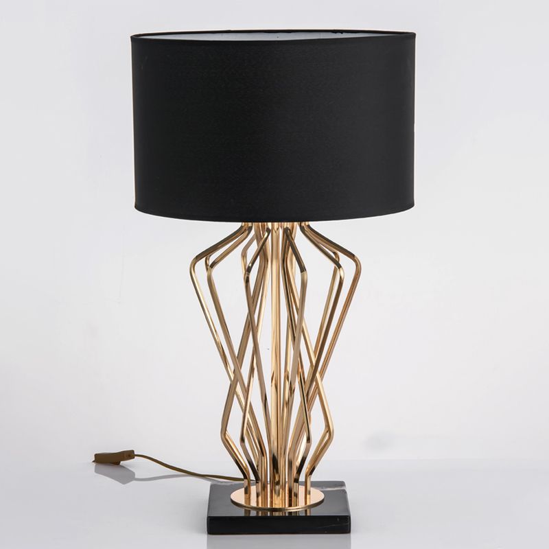 Gold Finish Hourglass Night Light Modern 1-Bulb Metal Table Lamp with Black/White Cylinder Fabric Shade