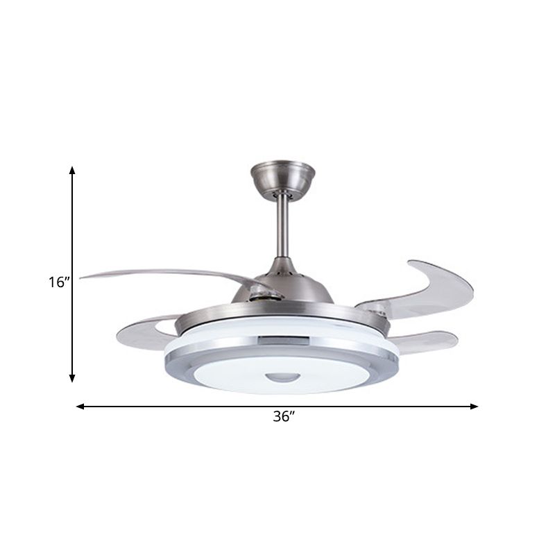 Circle Acrylic Ceiling Fan Light Modernist 36" W LED Living Room Semi Flush Mount in Silver with 4 Blades, Remote/Wall Control/Remote and Wall Control