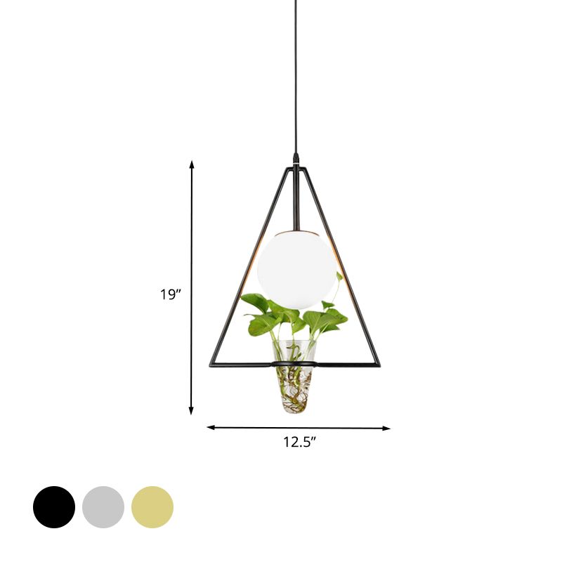 Witglasbol Down Lighting Industrial 1 Light Restaurant Hanger in zwart/grijs/goud met driehoekskooi en plantenpot