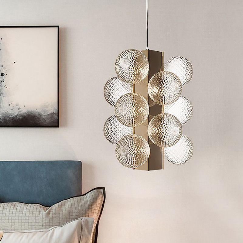 LED Bedside Pendant Modernist Brass Chandelier Light with Bubble Clear Lattice Glass Shade