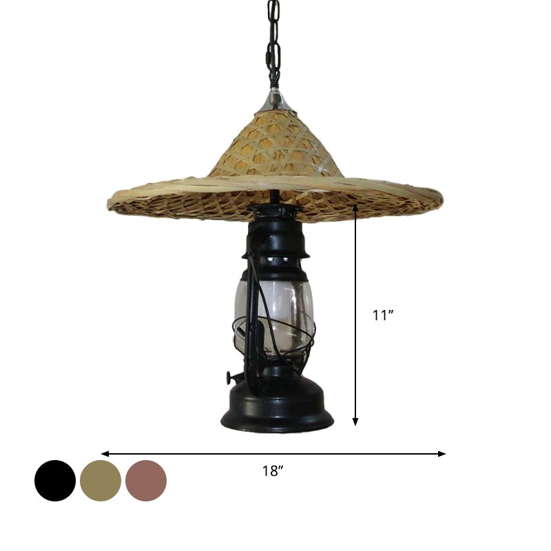 Black/Bronze/Copper Kerosene Pendant Rustic Clear Glass 1 Head Ceiling Hang Light with Coolie Hat Deco