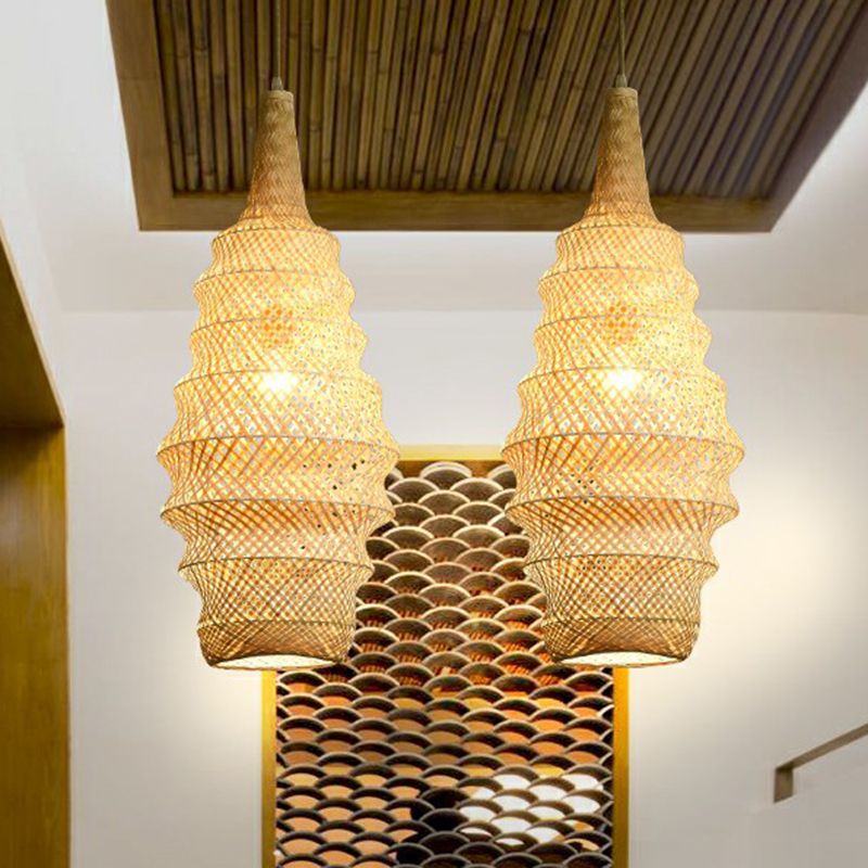 Bamboo Cage Pendant Light Fixture Asia 1-Head Wood Suspension Lighting for Restaurant