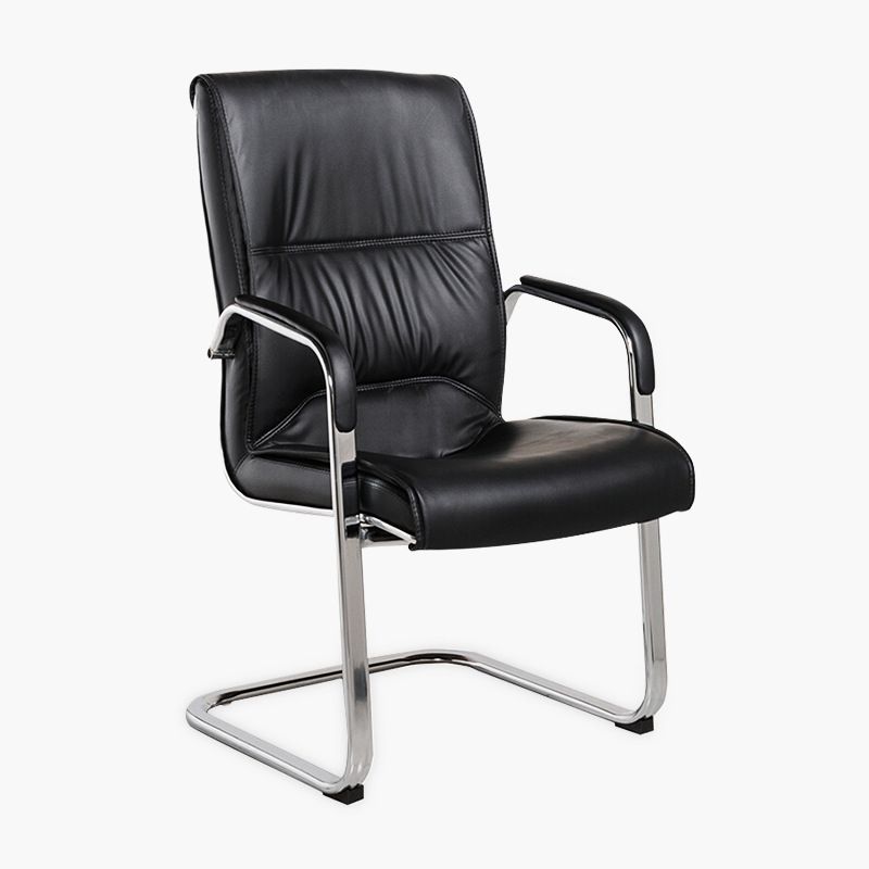 Modern Style Office Chair Black Leather No Wheels Fixed Arm Chair