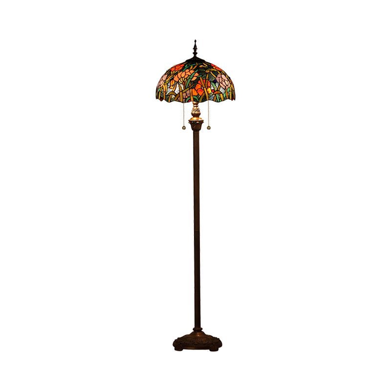 Green 2 Heads Standing Light Decorative Flower Stained Glass Bowl Pull Chain Floor Lamp