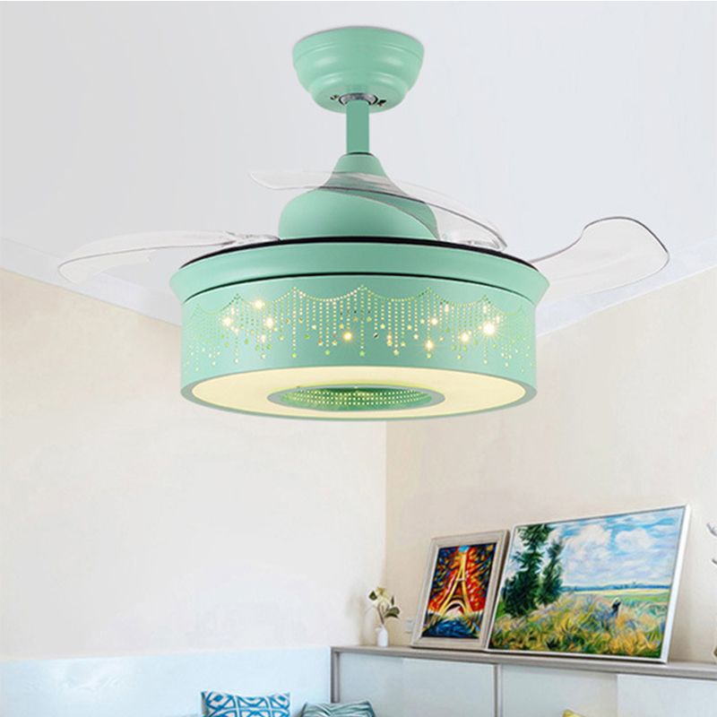 14"/16.5" W Modern LED Fan Lighting Pink/Blue/Green Drum 4 Blades Semi Flush Light with Acrylic Shade, Remote Control