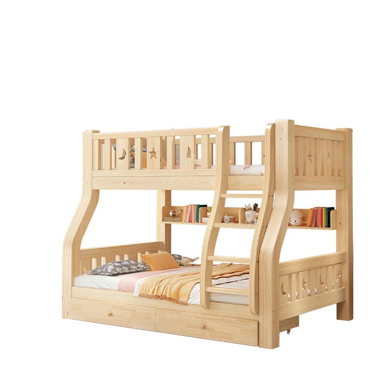 Natural Pine Wood Bunk Bed Solid Wood Loft Bed with Mattress and Guardrails