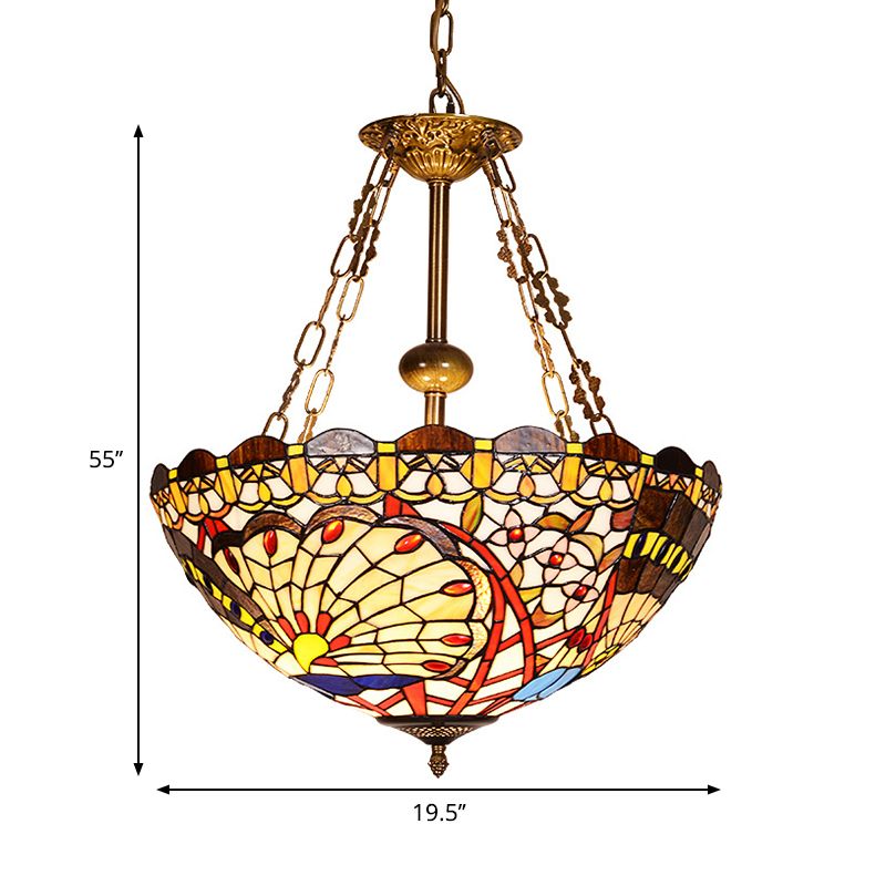 Stained Glass Peacock Pendant Light Foyer Tiffany Vintage Chandelier Light in Brass Finish